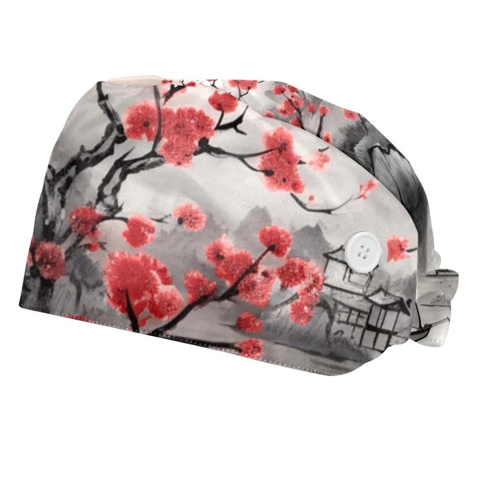 2-Pc,Bouffant Nurse Hats,Scrub Cap Adjustable Scrub Hats with Sweatband,Cherry Blossom Mountain River