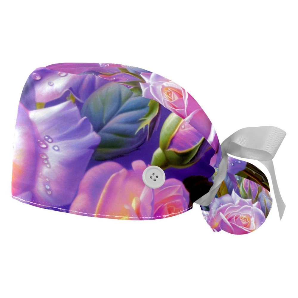 2-Pc,Gourd-Shaped Working Cap,Fisherman Hat with Buttons and Cotton Sweatband,Purple Painting Flower Blossom