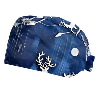 2-Pc,Bouffant Nurse Hats,Scrub Cap Adjustable Scrub Hats with Sweatband,Christmas Night Deer
