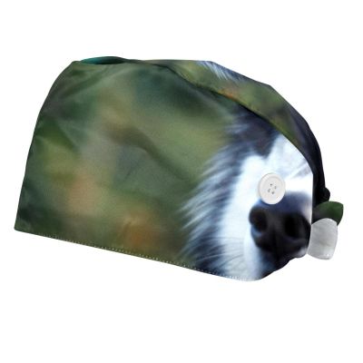 2-Pc,Bouffant Scrub Caps for Women,Beanie Hats with Buttons and Cotton Sweatband,Alaskan Dog Funny Tongue