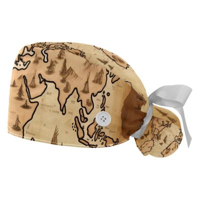 2-Pc,Gourd-Shaped Working Cap,Fisherman Hat with Buttons and Cotton Sweatband,Vintage Earth World Map