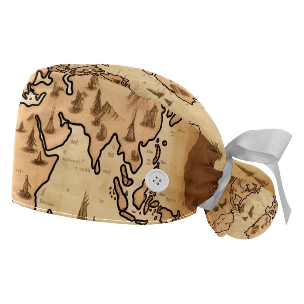 2-Pc,Gourd-Shaped Working Cap,Fisherman Hat with Buttons and Cotton Sweatband,Vintage Earth World Map