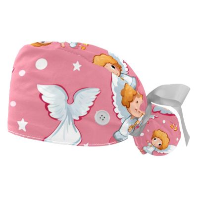 2-Pc,Gourd-Shaped Working Cap,Fisherman Hat with Buttons and Cotton Sweatband,Cartoon Angel on Pink Background