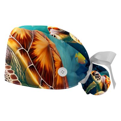 2-Pc,Gourd-Shaped Working Cap,Fisherman Hat with Buttons and Cotton Sweatband,Bubble Blue Sea Turtle