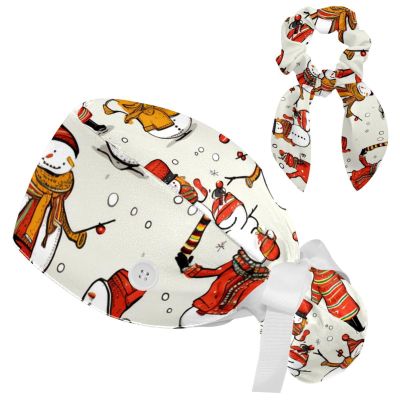 Nurse Scrub Caps,Scrub Hats with Buttons and Cotton Sweatband,Cartoon Cute Snowmen
