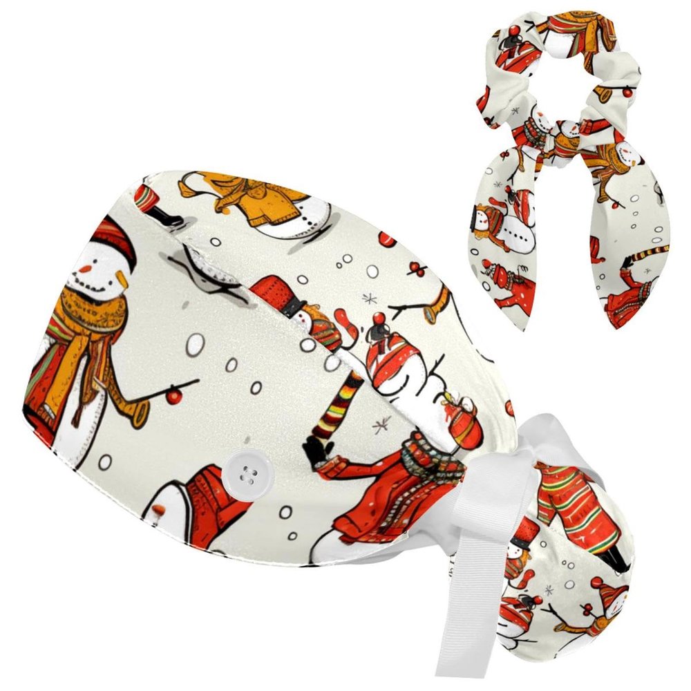 Nurse Scrub Caps,Scrub Hats with Buttons and Cotton Sweatband,Cartoon Cute Snowmen
