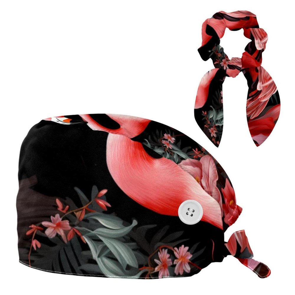 Scrub Hat,Working Head Cover with Buttons and Cotton Sweatband,Flaminfo Tropical Leaves