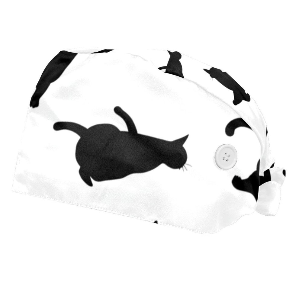 2-Pc,Bouffant Nurse Hats,Scrub Cap Adjustable Scrub Hats with Sweatband,Cute Cat Animal Silhouette