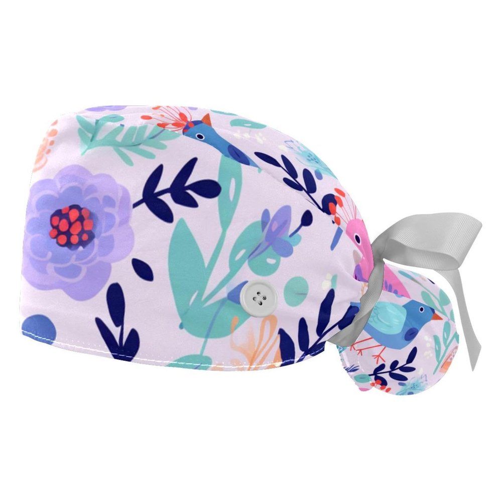 2-Pc,Gourd-Shaped Working Cap,Fisherman Hat with Buttons and Cotton Sweatband,Bird Spring Flower Plant