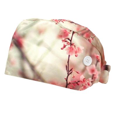 2-Pc,Bouffant Nurse Hats,Scrub Cap Adjustable Scrub Hats with Sweatband,Flower Japanese Cherry