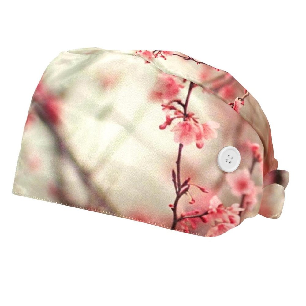 2-Pc,Bouffant Nurse Hats,Scrub Cap Adjustable Scrub Hats with Sweatband,Flower Japanese Cherry