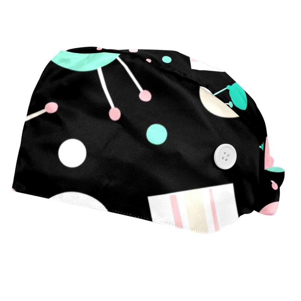 2-Pc,Bouffant Nurse Hats,Scrub Cap Adjustable Scrub Hats with Sweatband,Black White Wave Dot Pattern