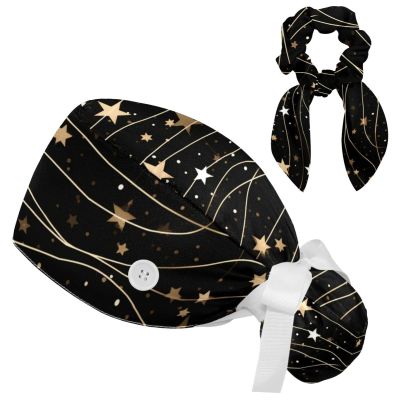Nurse Scrub Caps,Scrub Hats with Buttons and Cotton Sweatband,Colorful Stars Pattern Line