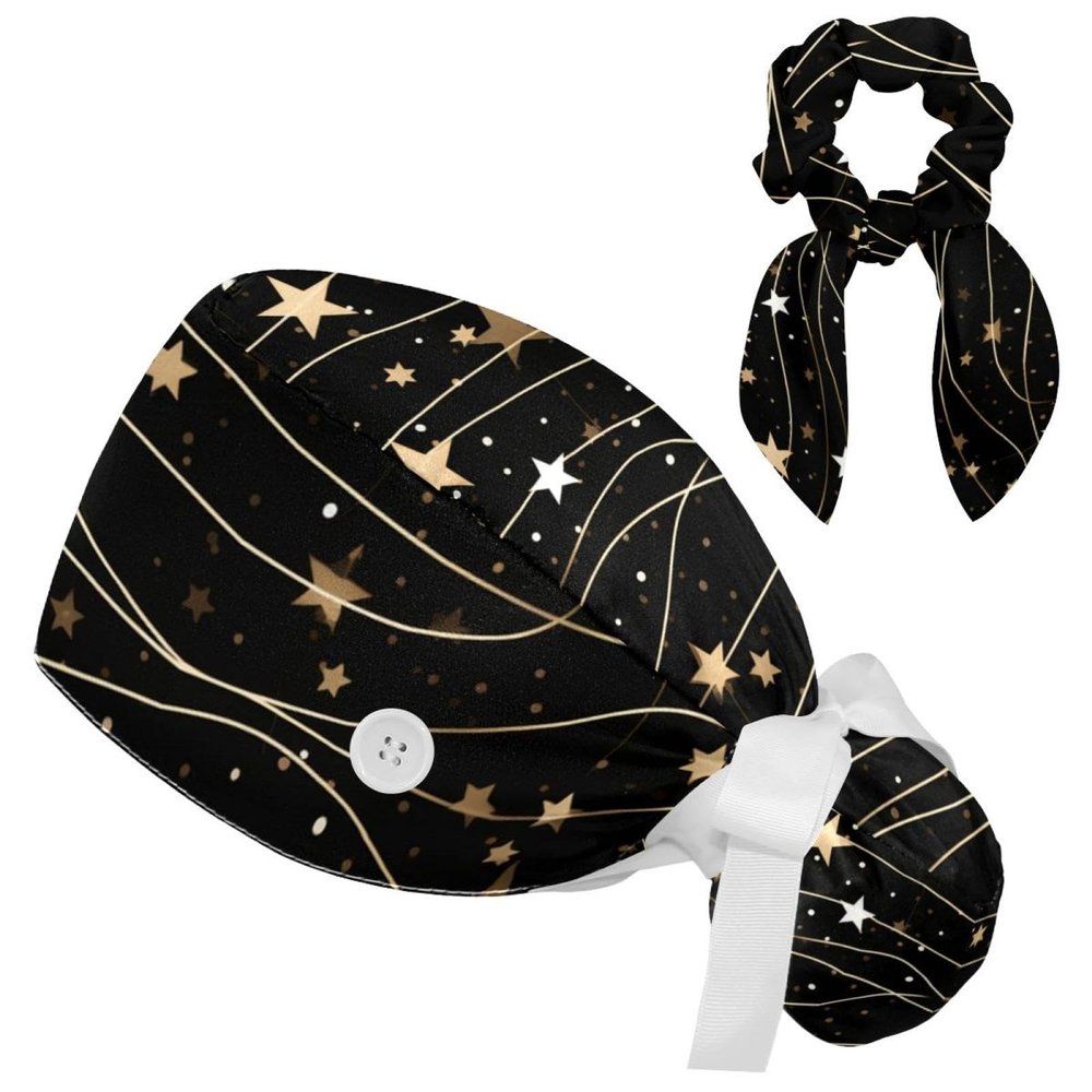 Nurse Scrub Caps,Scrub Hats with Buttons and Cotton Sweatband,Colorful Stars Pattern Line