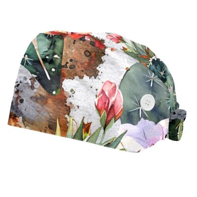 2-Pc,Bouffant Nurse Hats,Scrub Cap Adjustable Scrub Hats with Sweatband,Flowers Desert Cactus