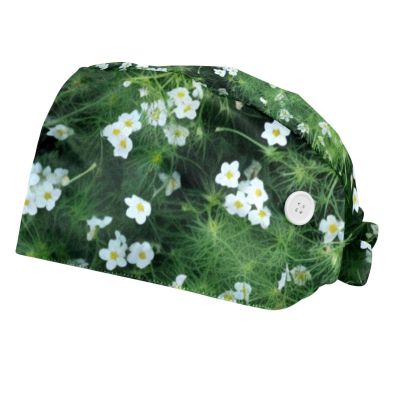 2-Pc,Bouffant Nurse Hats,Scrub Cap Adjustable Scrub Hats with Sweatband,Flower Field White Pattern