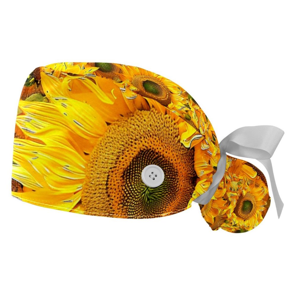 2-Pc,Gourd-Shaped Working Cap,Fisherman Hat with Buttons and Cotton Sweatband,Floral Sunflower