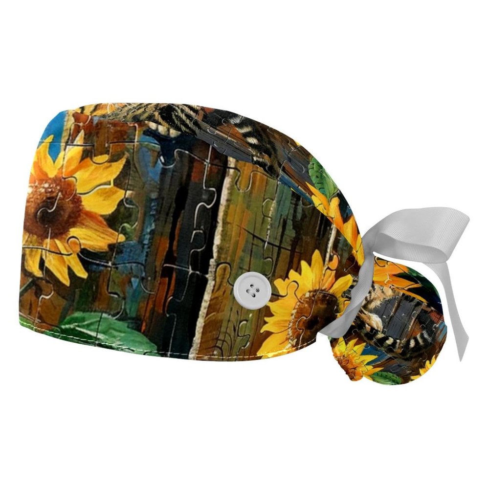 2-Pc,Gourd-Shaped Working Cap,Fisherman Hat with Buttons and Cotton Sweatband,Cat and Sunflower Field