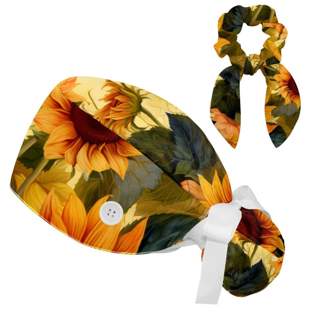 Nurse Scrub Caps,Scrub Hats with Buttons and Cotton Sweatband,Vintage Leaves Sunflower