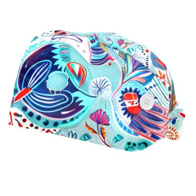 2-Pc,Bouffant Nurse Hats,Scrub Cap Adjustable Scrub Hats with Sweatband,Deer Bird Plant Flower