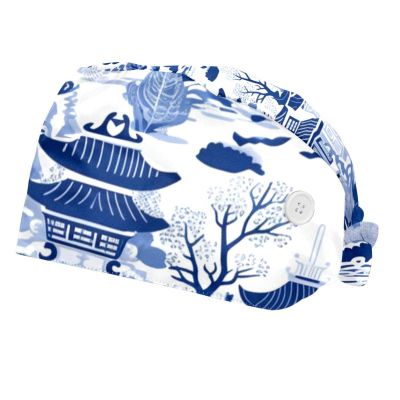 2-Pc,Bouffant Nurse Hats,Scrub Cap Adjustable Scrub Hats with Sweatband,Ancient Building House Tree