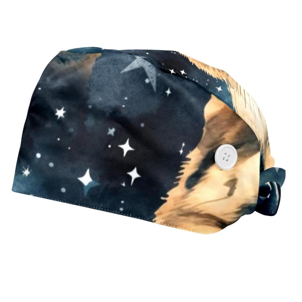 2-Pc,Bouffant Nurse Hats,Scrub Cap Adjustable Scrub Hats with Sweatband,Shepherd Dog Animal Starry Illustration