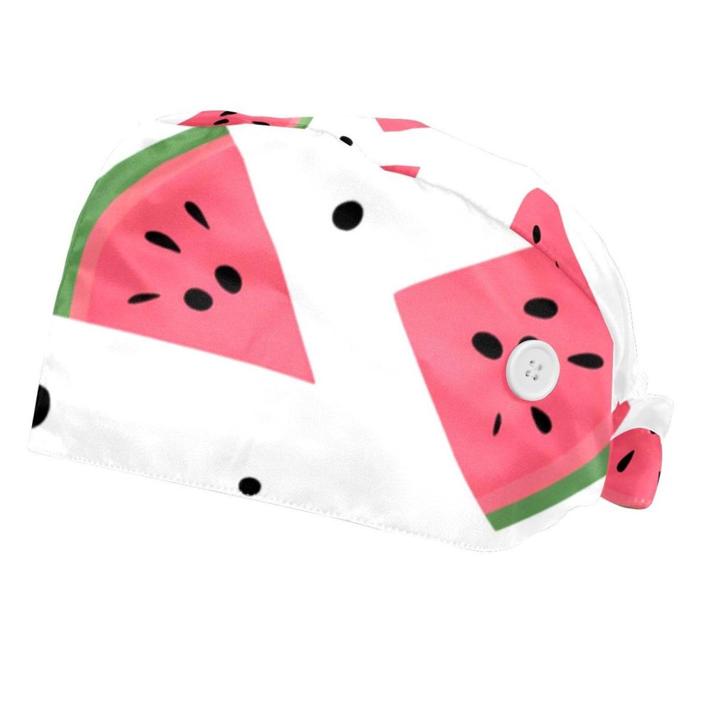 2-Pc,Bouffant Nurse Hats,Scrub Cap Adjustable Scrub Hats with Sweatband,White Background Pink Watermelon