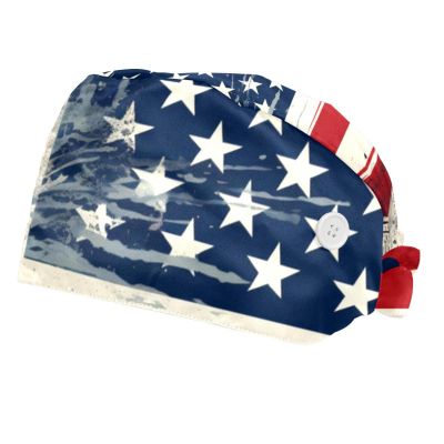 2-Pc,Bouffant Nurse Hats,Scrub Cap Adjustable Scrub Hats with Sweatband,American Flag Retro USA