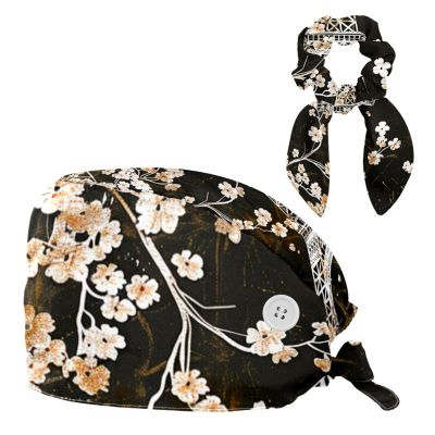 Nursing Hats,Working Cap with Buttons and Cotton Sweatband,Vintage Eiffel Tower Cherry Blossom