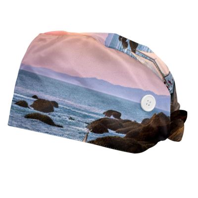 2-Pc,Bouffant Nurse Hats,Scrub Cap Adjustable Scrub Hats with Sweatband,White Lighthouse Pink Sky