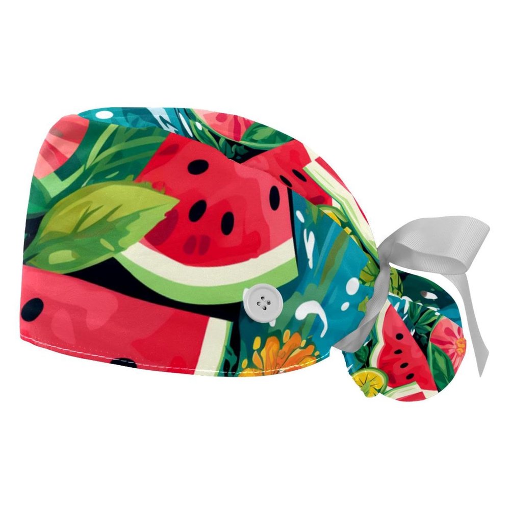 2-Pc,Gourd-Shaped Working Cap,Fisherman Hat with Buttons and Cotton Sweatband,Cartoon Leaf Sea Watermelon