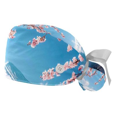 2-Pc,Bouffant Turban Hats,Tie Back Hat with Buttons,Fishing Hat,Fuji Mountain Cherry Blossoms