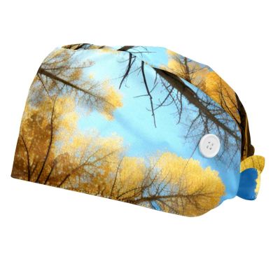 2-Pc,Bouffant Nurse Hats,Scrub Cap Adjustable Scrub Hats with Sweatband,Autumn Sky Golden Trees