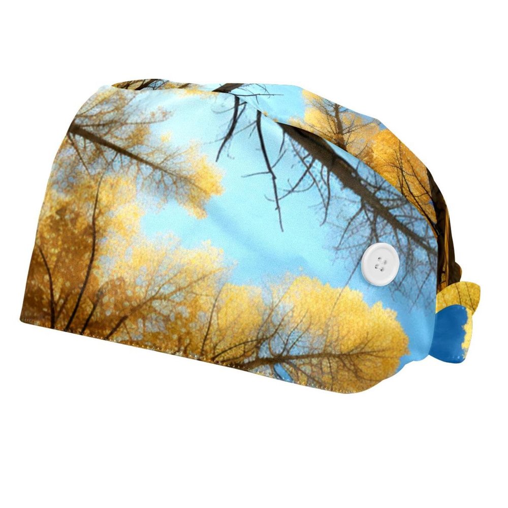 2-Pc,Bouffant Nurse Hats,Scrub Cap Adjustable Scrub Hats with Sweatband,Autumn Sky Golden Trees