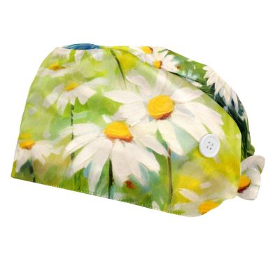 2-Pc,Bouffant Nurse Hats,Scrub Cap Adjustable Scrub Hats with Sweatband,White Daisies Flowers Field