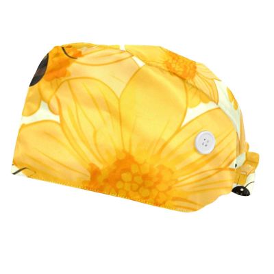 2-Pc,Bouffant Nurse Hats,Scrub Cap Adjustable Scrub Hats with Sweatband,Bee and Sunflower