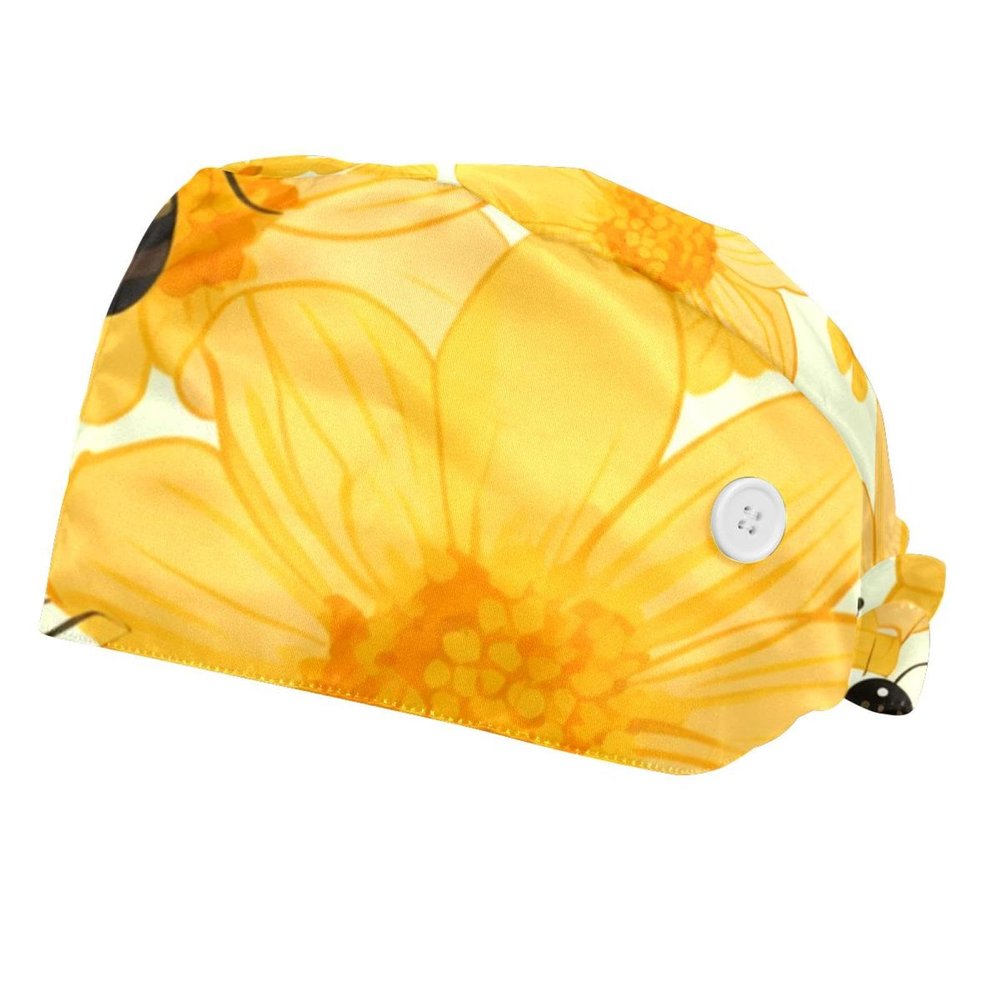 2-Pc,Bouffant Nurse Hats,Scrub Cap Adjustable Scrub Hats with Sweatband,Bee and Sunflower