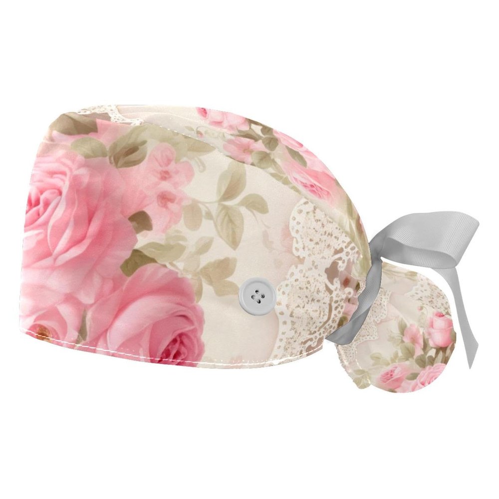 2-Pc,Gourd-Shaped Working Cap,Fisherman Hat with Buttons and Cotton Sweatband,Watercolor Rose Flowers Floral