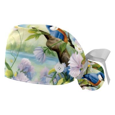 2-Pc,Gourd-Shaped Working Cap,Fisherman Hat with Buttons and Cotton Sweatband,Birds Flowers Garden River