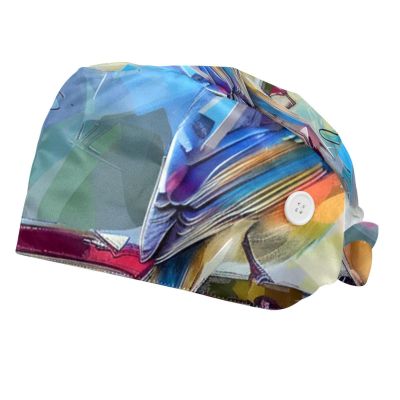 2-Pc,Bouffant Nurse Hats,Scrub Cap Adjustable Scrub Hats with Sweatband,Watercolor Branch Abstract Bird