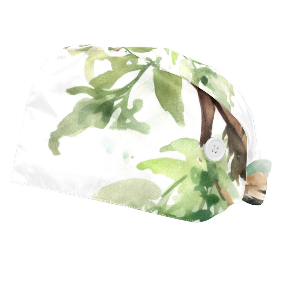 2-Pc,Bouffant Nurse Hats,Scrub Cap Adjustable Scrub Hats with Sweatband,Animal Sloth Palm Tree