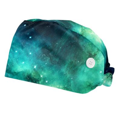 2-Pc,Bouffant Nurse Hats,Scrub Cap Adjustable Scrub Hats with Sweatband,Blue and Green Galaxy