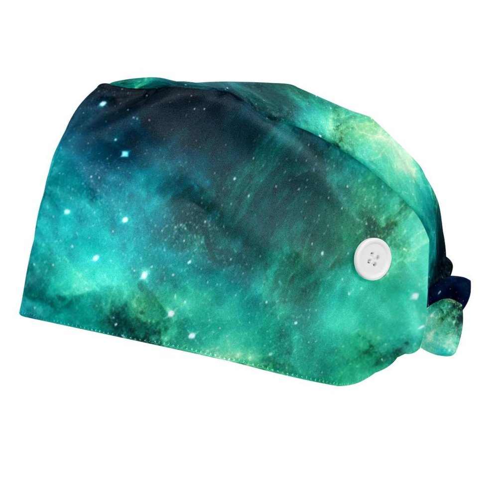 2-Pc,Bouffant Nurse Hats,Scrub Cap Adjustable Scrub Hats with Sweatband,Blue and Green Galaxy