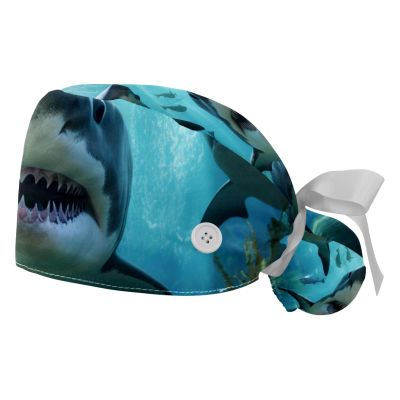 2-Pc,Gourd-Shaped Working Cap,Fisherman Hat with Buttons and Cotton Sweatband,Angry Shark in Forest Ocean