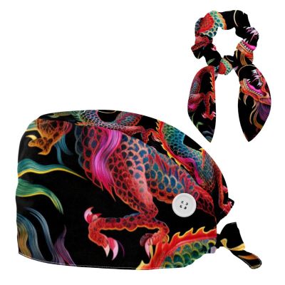 Nursing Hats,Working Cap with Buttons and Cotton Sweatband,Vintage Animal Chinese Dragon