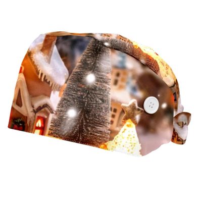 2-Pc,Bouffant Scrub Caps for Women,Beanie Hats with Buttons and Cotton Sweatband,Santa Claus Christmas Tree House