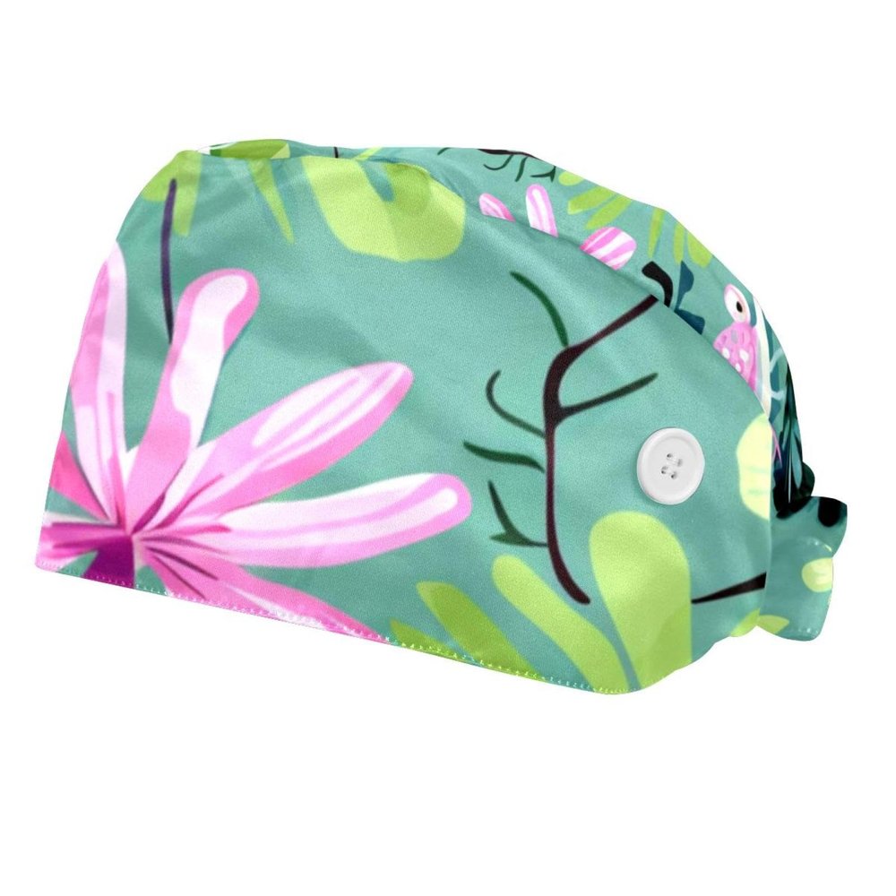 2-Pc,Bouffant Nurse Hats,Scrub Cap Adjustable Scrub Hats with Sweatband,Cartoon Dragonfly Flower Frog