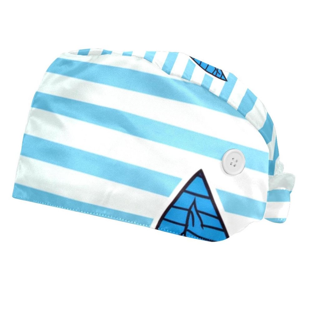 2-Pc,Bouffant Nurse Hats,Scrub Cap Adjustable Scrub Hats with Sweatband,Anchor Striped Bright Blue Marine