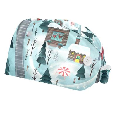 2-Pc,Bouffant Scrub Caps for Women,Beanie Hats with Buttons and Cotton Sweatband,Cartoon Train Railway Game Mat
