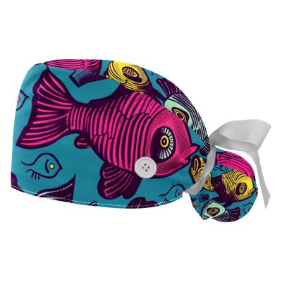 YTYVAGT 2-Pc,Gourd-Shaped Working Cap,Fisherman Hat with Buttons and Cotton Sweatband,Colored Abstract Fishes